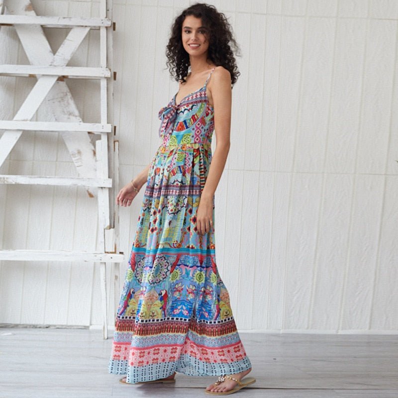 Bohemian Cartoon Printed Strap Maxi V Neck Vintage Chic Summer Beach Casual Ladies Sexy Dress