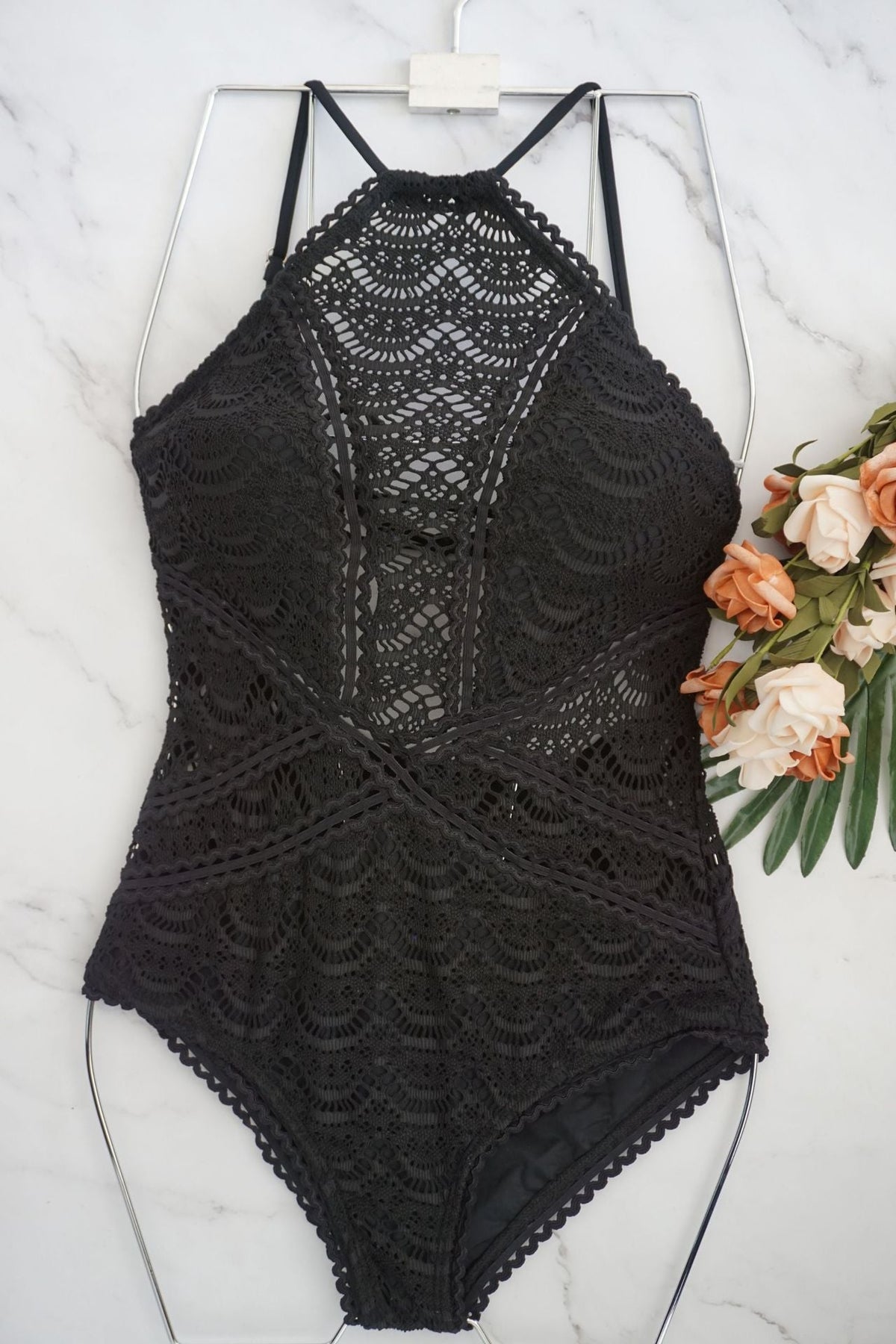 Black Mesh Lace Crochet One Piece Swimsuit Retro Women Bodysuit Female Monokini Vintage Swimwear Sexy Beach Wear Big Xxl Bikini
