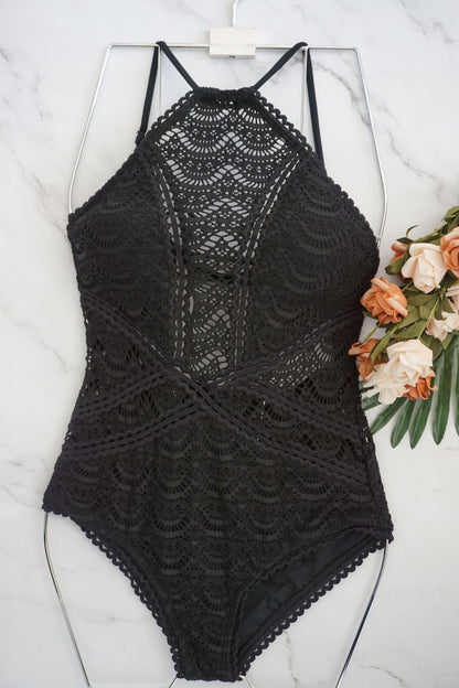 Black Mesh Lace Crochet One Piece Swimsuit Retro Women Bodysuit Female Monokini Vintage Swimwear Sexy Beach Wear Big Xxl Bikini