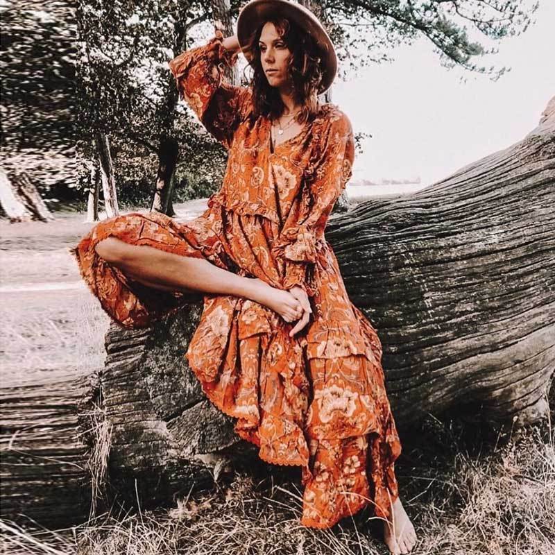 Print Frill Dress Women Tiers V-Neck Long Sleeve Dress Autumn  New Boho Dress