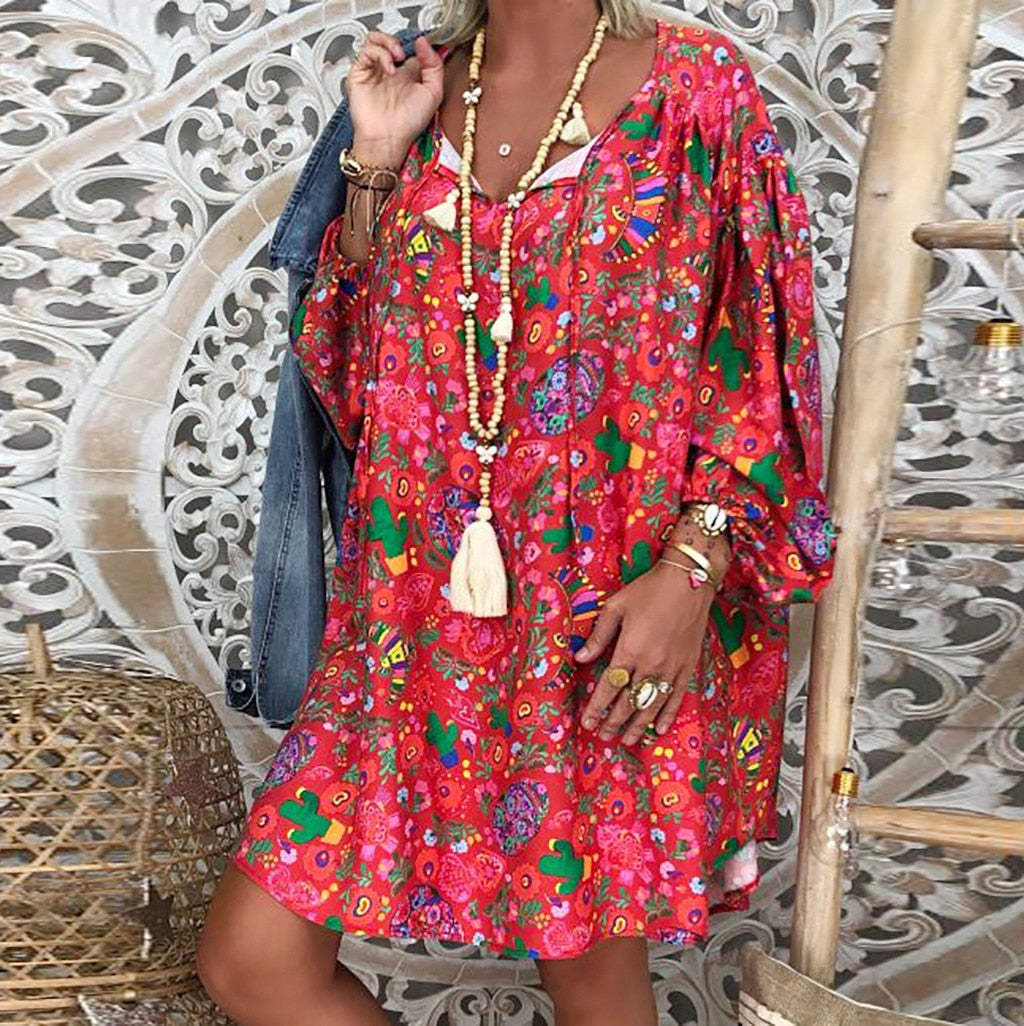 Women'S Summer Boho Vintage Floral Print Deep V Neck Beach Mini Dresses