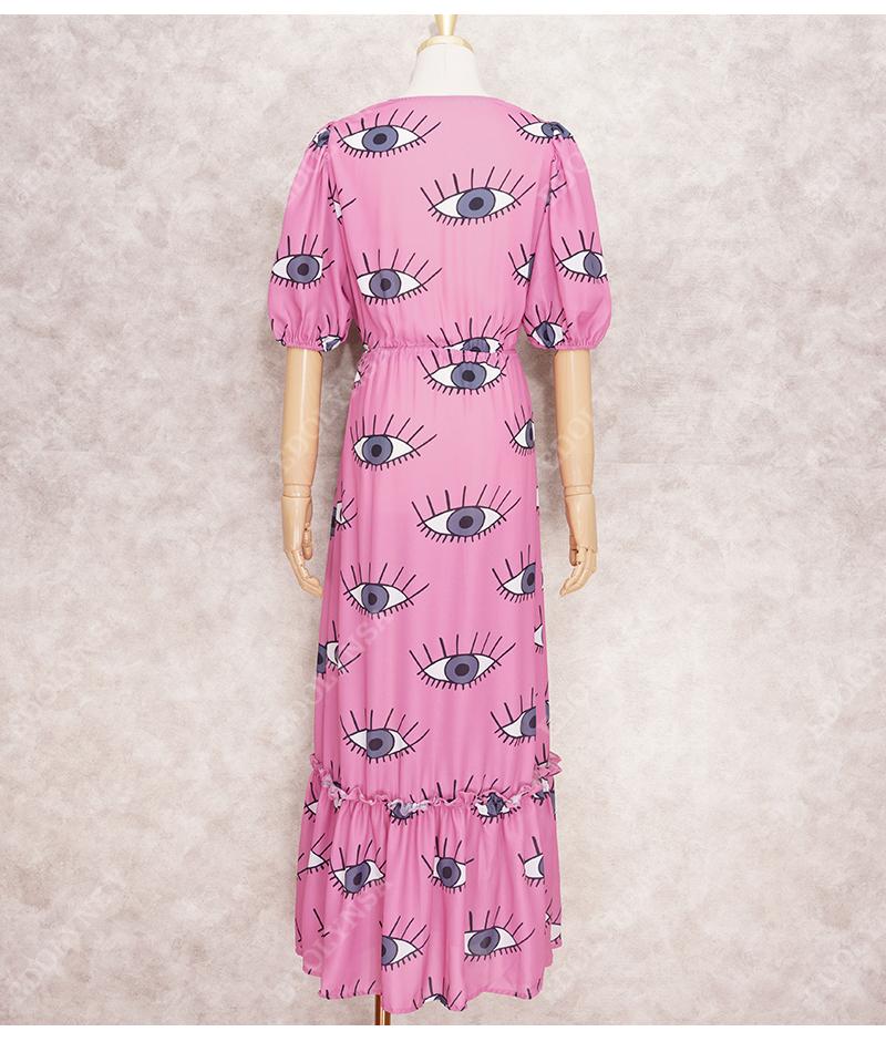 Wrinkle-Free Pink Eyes Chiffon Dresses Sexy Short Sleeve 2021 Summer Beach Dress Women Beach Wear Swim Suit Cover Up D1