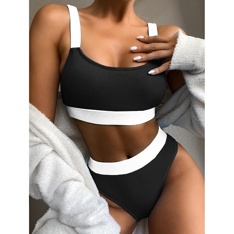 High Waist Bikinis 2021 Swimsuits Bandeau Swimwear Women Splicing Bikini Beachwear Sports Ribbed Bathing Suits New Bikini