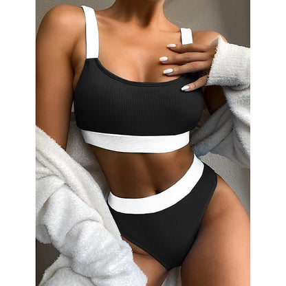 High Waist Bikinis 2021 Swimsuits Bandeau Swimwear Women Splicing Bikini Beachwear Sports Ribbed Bathing Suits New Bikini