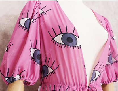 Wrinkle-Free Pink Eyes Chiffon Dresses Sexy Short Sleeve 2021 Summer Beach Dress Women Beach Wear Swim Suit Cover Up D1