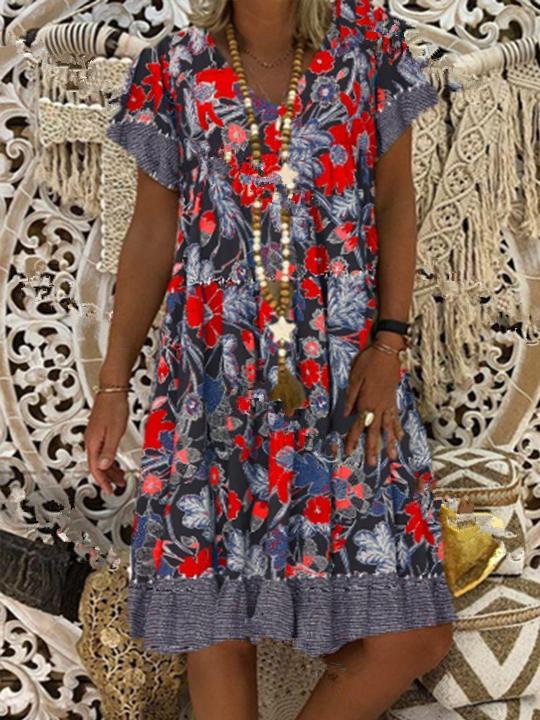 2020 Summer Women Dress V-Neck Printed Short-Sleeved Mid-Length Floral Dress