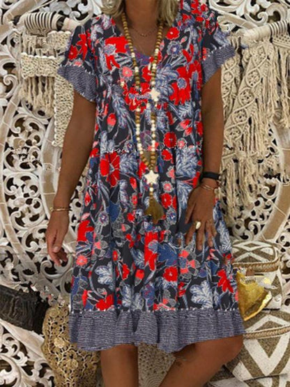 2020 Summer Women Dress V-Neck Printed Short-Sleeved Mid-Length Floral Dress