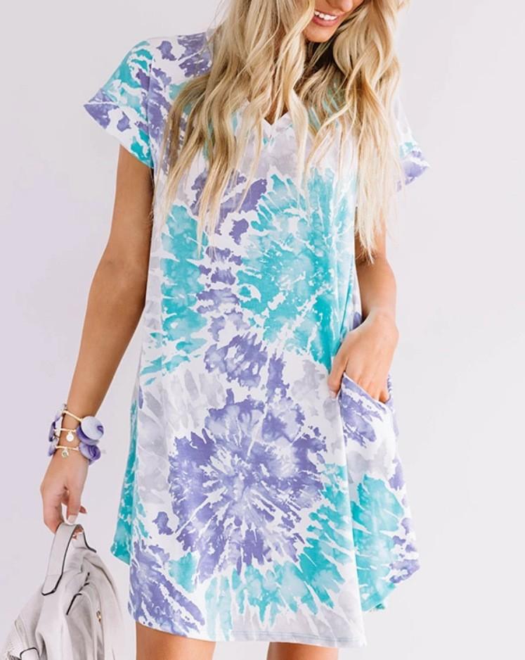 Fashion Womens Casual Loose Sexy V-Neck Tie-Dye Pocket Short Sleeve Dress