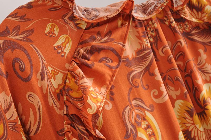 Print Frill Dress Women Tiers V-Neck Long Sleeve Dress Autumn  New Boho Dress