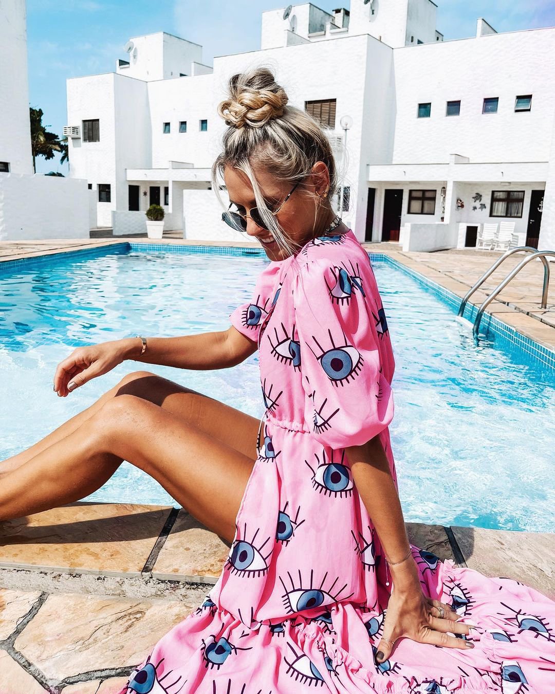 Wrinkle-Free Pink Eyes Chiffon Dresses Sexy Short Sleeve 2021 Summer Beach Dress Women Beach Wear Swim Suit Cover Up D1