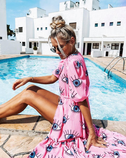 Wrinkle-Free Pink Eyes Chiffon Dresses Sexy Short Sleeve 2021 Summer Beach Dress Women Beach Wear Swim Suit Cover Up D1