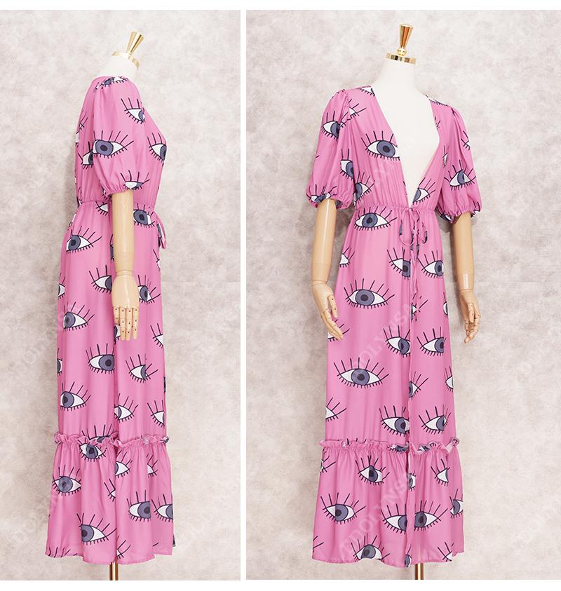 Wrinkle-Free Pink Eyes Chiffon Dresses Sexy Short Sleeve 2021 Summer Beach Dress Women Beach Wear Swim Suit Cover Up D1