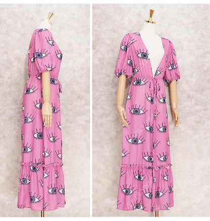Wrinkle-Free Pink Eyes Chiffon Dresses Sexy Short Sleeve 2021 Summer Beach Dress Women Beach Wear Swim Suit Cover Up D1