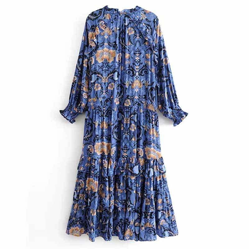 Print Frill Dress Women Tiers V-Neck Long Sleeve Dress Autumn  New Boho Dress