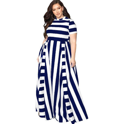 Hot Selling Women'S Dress Loose-Fit Crew Neck Horizontal And Vertical Stripes Large Size Dress