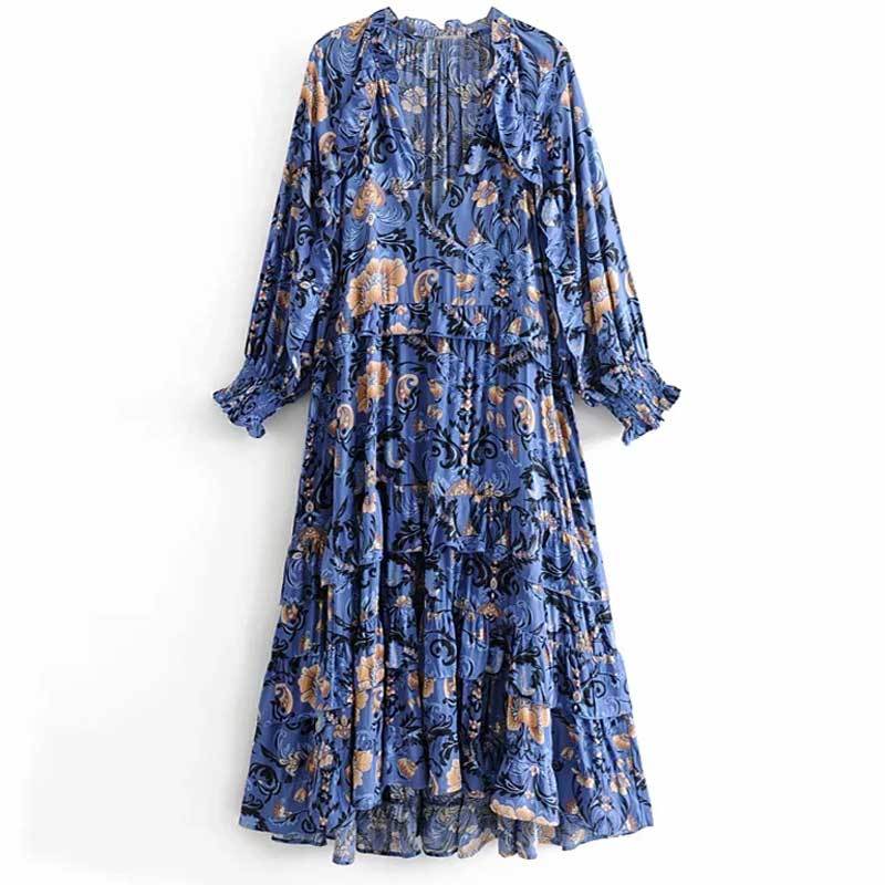 Print Frill Dress Women Tiers V-Neck Long Sleeve Dress Autumn  New Boho Dress