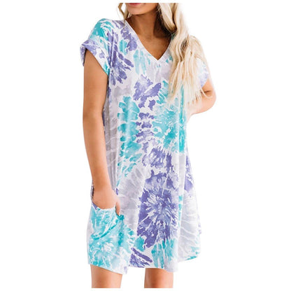 Fashion Womens Casual Loose Sexy V-Neck Tie-Dye Pocket Short Sleeve Dress