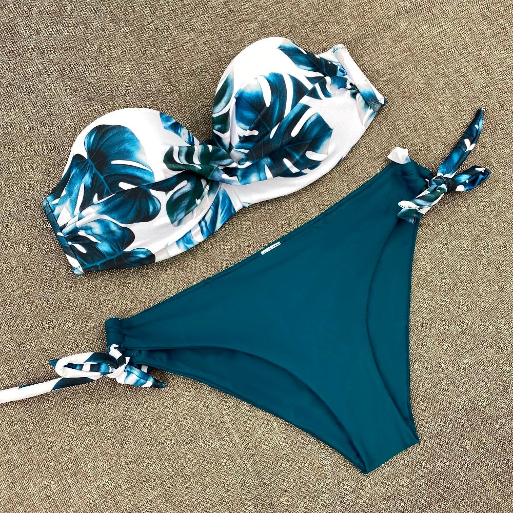 Printed Flowers Sexy Solid Color Bikini Women Swimwear Bandeau Biquini Swimsuit Female Bathing Suit Push Up Bikini Set Beachwear