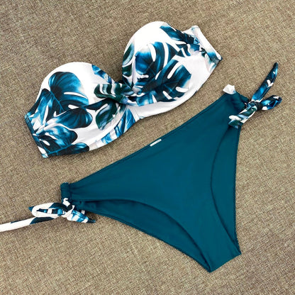 Printed Flowers Sexy Solid Color Bikini Women Swimwear Bandeau Biquini Swimsuit Female Bathing Suit Push Up Bikini Set Beachwear