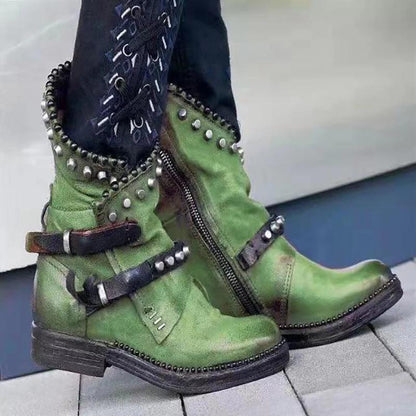 Autumn Winter Woman Mid-Calf Pu Leather Round Toe Shoes Low Heel Rivet Cool Motorcycle Boots