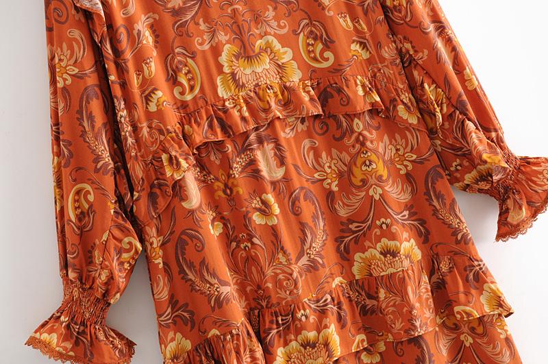 Print Frill Dress Women Tiers V-Neck Long Sleeve Dress Autumn  New Boho Dress