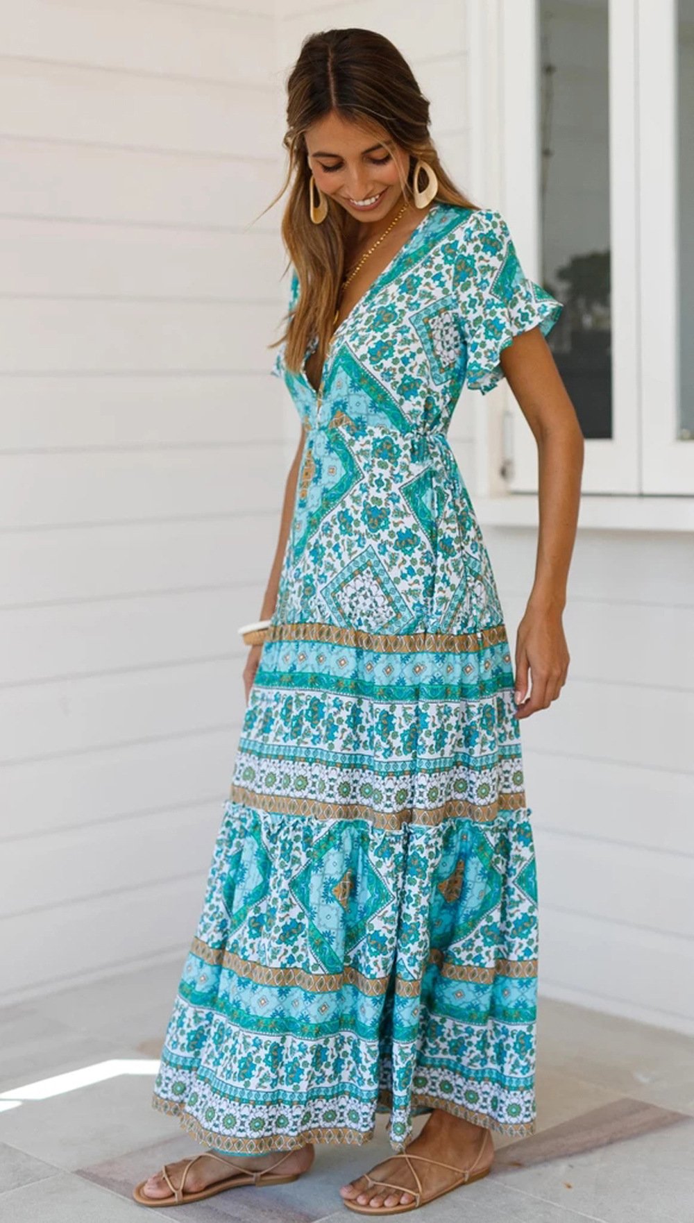 Designer Women'S Summer Holiday Dress Retro Printed V-Neck Long Dress