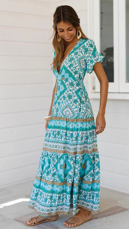 Designer Women'S Summer Holiday Dress Retro Printed V-Neck Long Dress