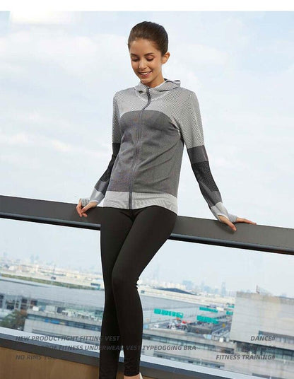 Splice Color Gym Workout Jackets Women Quick Dry Yoga Seamless Sport Fitness Coat Outwear Zipper Training Running Jacket Women'S