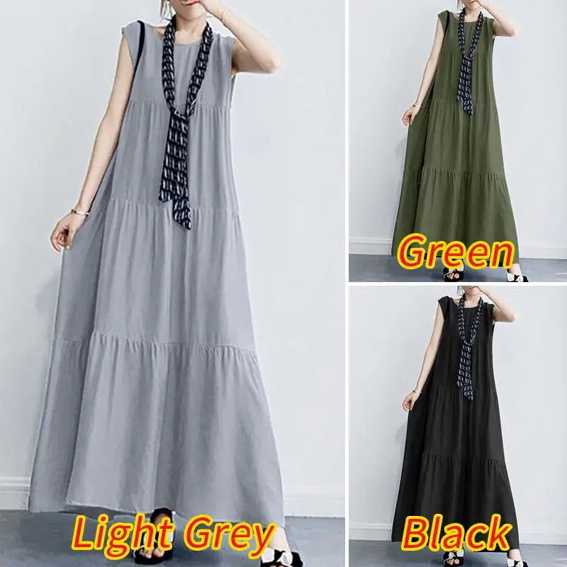 Zanzea 2023 Stylish Women'S Ruffle Sundress Solid Summer Dress Casual Sleeveless Maxi Vestidos Female O Neck  Robe Oversized