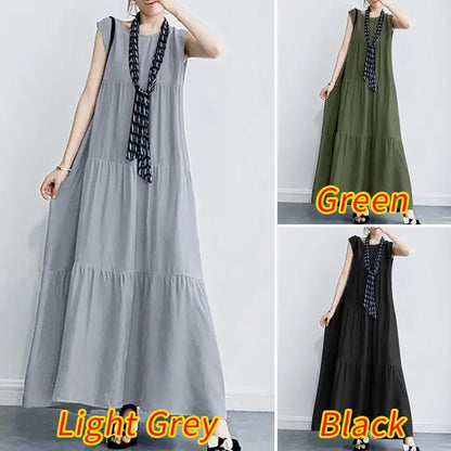 Zanzea 2023 Stylish Women'S Ruffle Sundress Solid Summer Dress Casual Sleeveless Maxi Vestidos Female O Neck  Robe Oversized