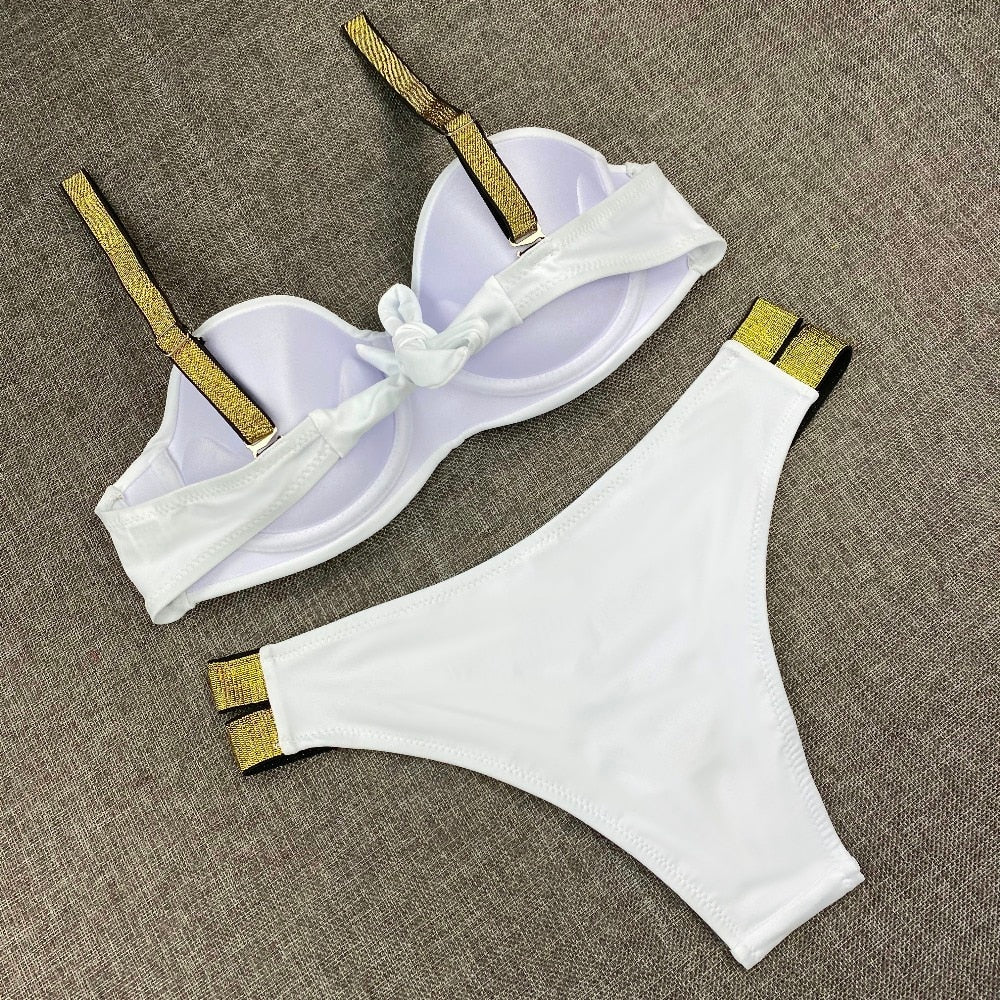 Printed Flowers Sexy Solid Color Bikini Women Swimwear Bandeau Biquini Swimsuit Female Bathing Suit Push Up Bikini Set Beachwear