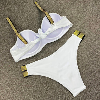 Printed Flowers Sexy Solid Color Bikini Women Swimwear Bandeau Biquini Swimsuit Female Bathing Suit Push Up Bikini Set Beachwear