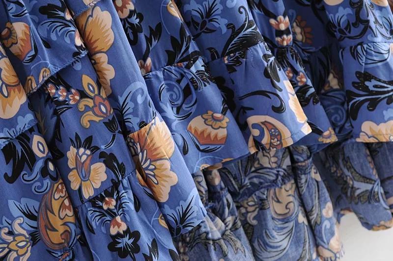 Print Frill Dress Women Tiers V-Neck Long Sleeve Dress Autumn  New Boho Dress