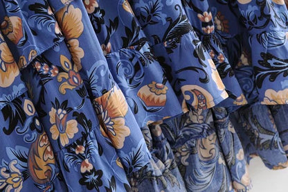 Print Frill Dress Women Tiers V-Neck Long Sleeve Dress Autumn  New Boho Dress