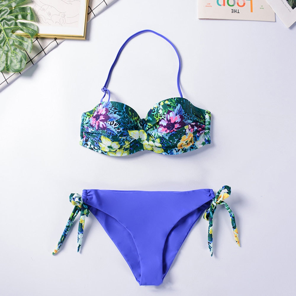 Printed Flowers Sexy Solid Color Bikini Women Swimwear Bandeau Biquini Swimsuit Female Bathing Suit Push Up Bikini Set Beachwear