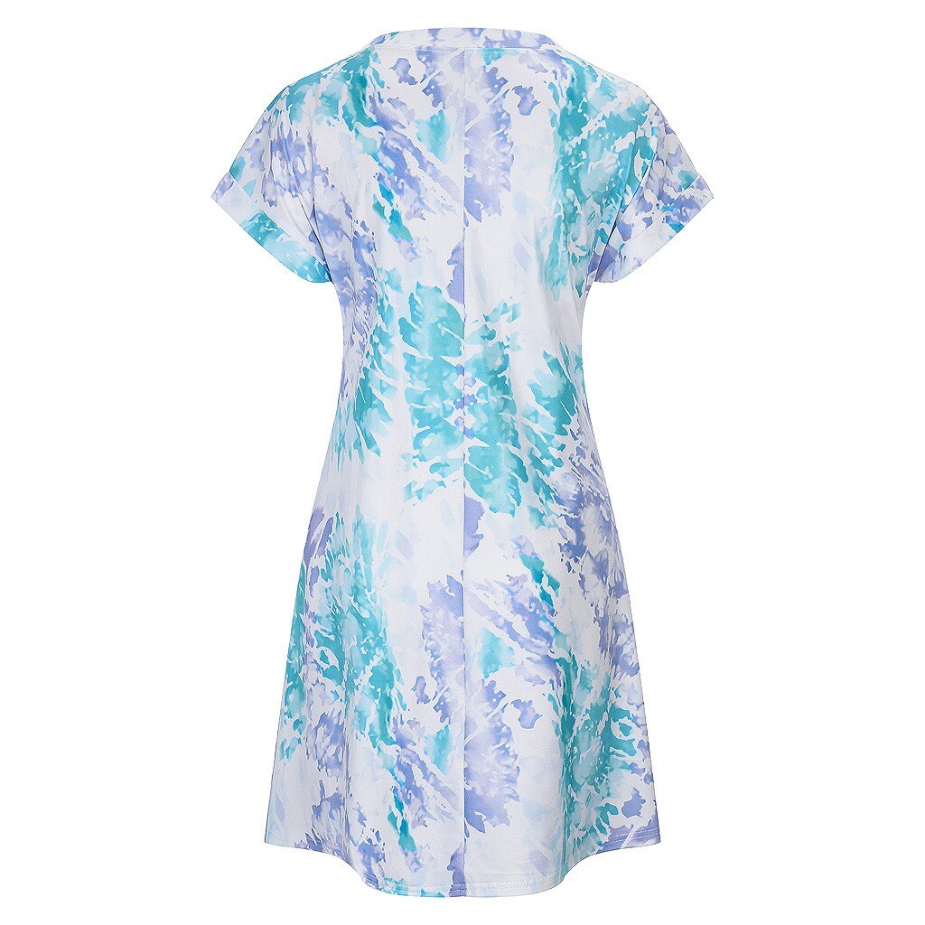 Fashion Womens Casual Loose Sexy V-Neck Tie-Dye Pocket Short Sleeve Dress