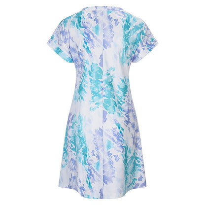 Fashion Womens Casual Loose Sexy V-Neck Tie-Dye Pocket Short Sleeve Dress