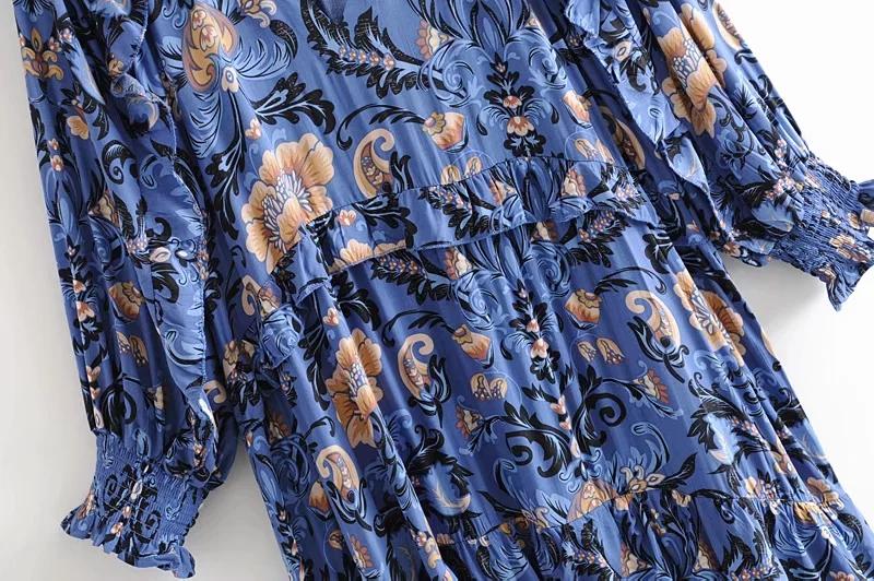 Print Frill Dress Women Tiers V-Neck Long Sleeve Dress Autumn  New Boho Dress