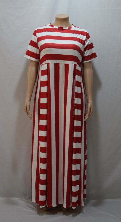 Hot Selling Women'S Dress Loose-Fit Crew Neck Horizontal And Vertical Stripes Large Size Dress