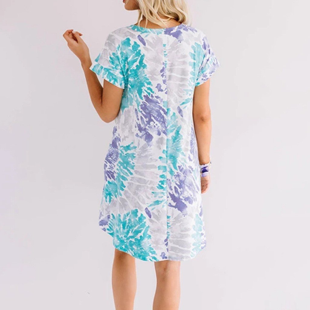 Fashion Womens Casual Loose Sexy V-Neck Tie-Dye Pocket Short Sleeve Dress