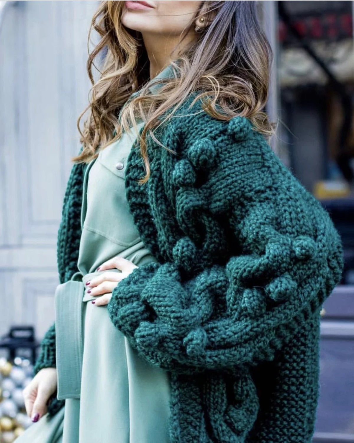 Autumn Winter  New European American Style Pure Hand-Woven Ball Big Hemp Sweater Fashion Sweater Women Cardigans  V-Neck