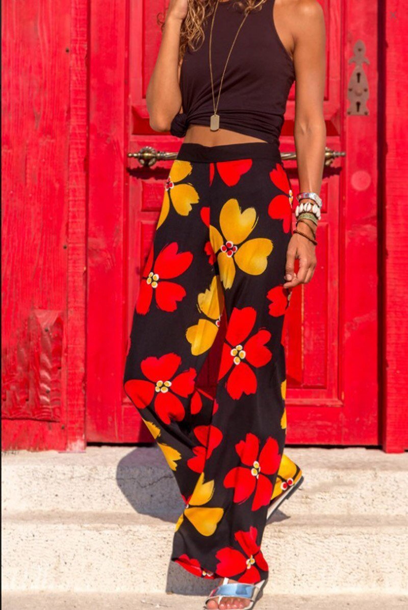Women'S Casual Pajama Boho Beach Pants Floral Print Drawstring Palazzo Lounge Wide Leg Pant Pantalon Femme