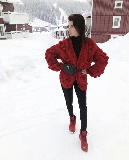 Autumn Winter  New European American Style Pure Hand-Woven Ball Big Hemp Sweater Fashion Sweater Women Cardigans  V-Neck