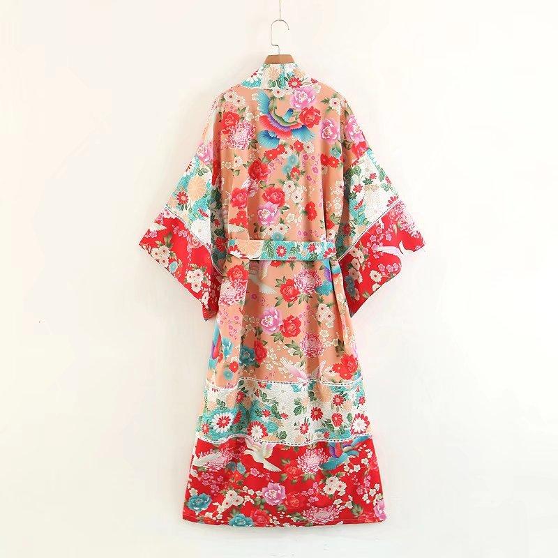 Boho Patchwork Maxi Floral Print Long Batwing Sleeve Belt Cover-Up