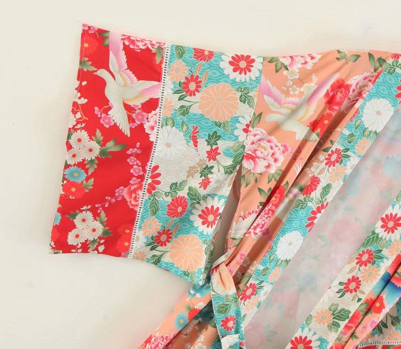 Boho Patchwork Maxi Floral Print Long Batwing Sleeve Belt Cover-Up