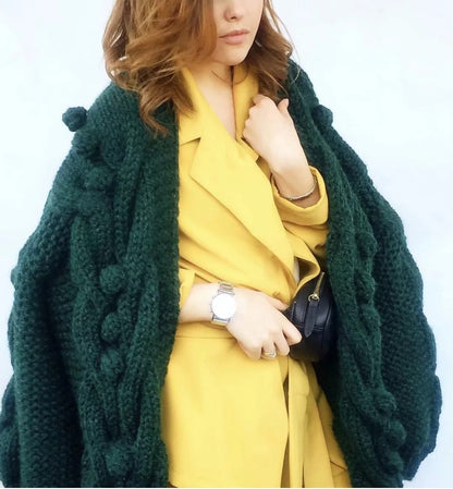 Autumn Winter  New European American Style Pure Hand-Woven Ball Big Hemp Sweater Fashion Sweater Women Cardigans  V-Neck