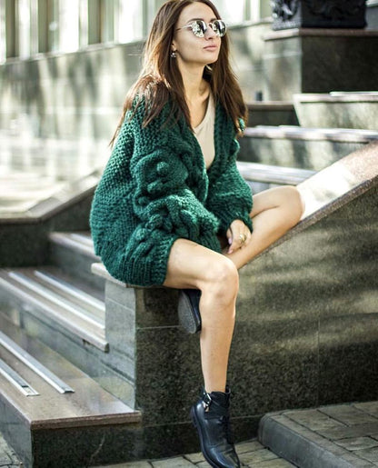 Autumn Winter  New European American Style Pure Hand-Woven Ball Big Hemp Sweater Fashion Sweater Women Cardigans  V-Neck