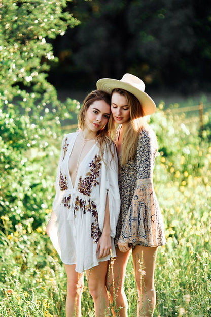 Boho Sexy Embroidered Deep V-Neck Drawstring Long Sleeve Mini Dress
