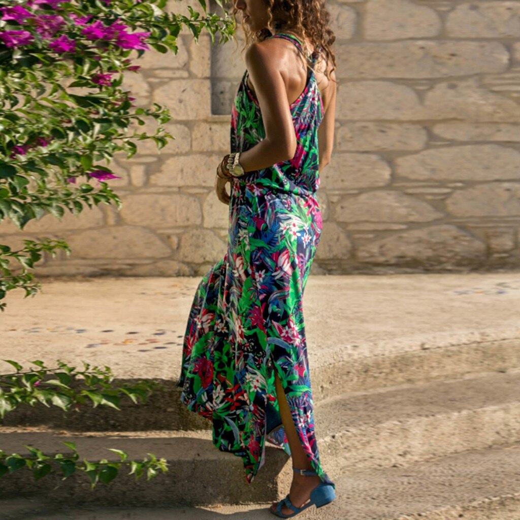 Summer Women Fashion Sexy Causal Elegant Sleeveless Floral Hollow-Out Back Maxi Dress