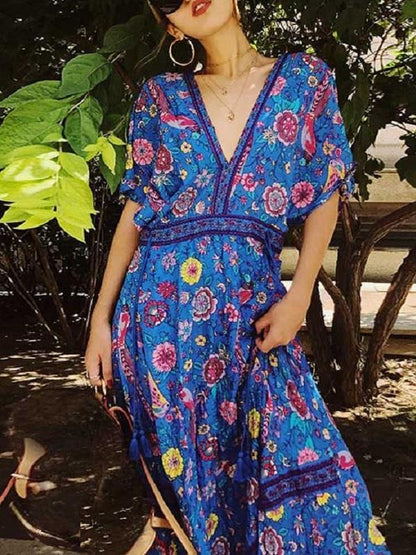 Exotic Floral Print V-Neck Long Summer Kimono Sleeve Women Dress